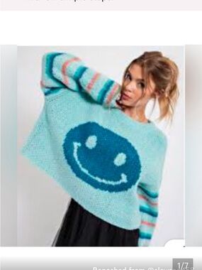 easel Aqua Knit Sweater with Navy Smiley and Striped Sleeves